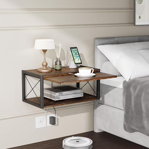 2-Tier Floating Nightstand, Wall Mounted Bedside Table, Wood Bedside Shelf Wall Mounted Nightstand, Floating Bedside