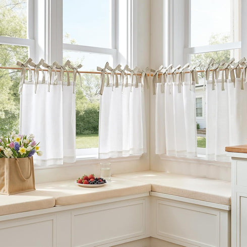 jinchan 24 Inch Set 2 Linen Tie Top Curtains Length Farmhouse Cafe Curtains of for Bedroom Bathroom Rustic Small