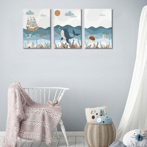 3Pcs 12x16 Inch SUAXTCCR Nautical Nursery Canvas Wall Art Blue Beach Animal Wall Decor Pictures Ocean Kids Room Sea