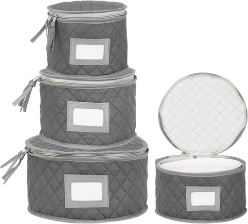 Fine China Storage - Set of 4 Quilted Cases for Dinnerware, Sizes: 12" - 10" - 8" and 7" Wide, Gray