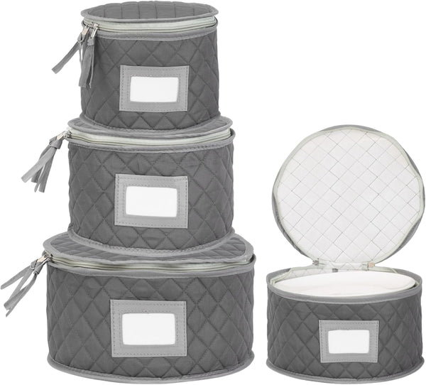 Fine China Storage - Set of 4 Quilted Cases for Dinnerware, Sizes: 12" - 10" - 8" and 7" Wide, Gray