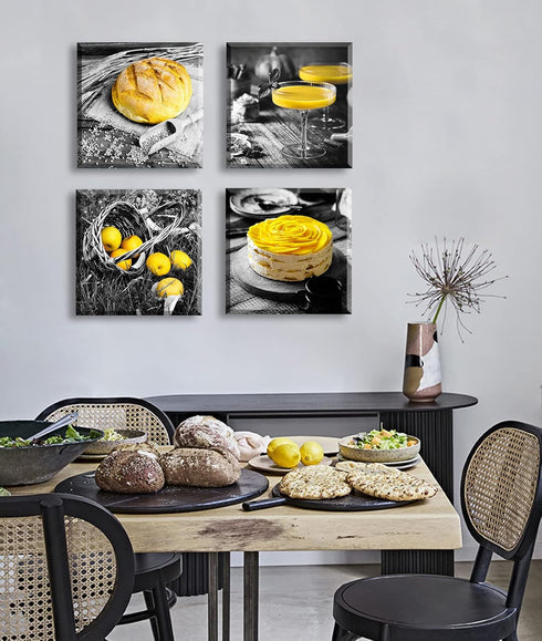 DJSYLIFE Kitchen Wall Decor, Black and White Yellow Canvas Print for Cafe Dining Room Decoration
