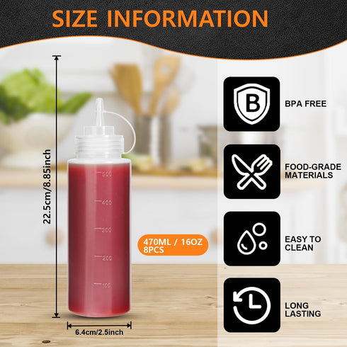 OAMCEG 16OZ Squeeze Bottles - 8 Pack Durable Plastic Condiment Bottles for Ketchup, BBQ, Sauces, Arts and Crafts