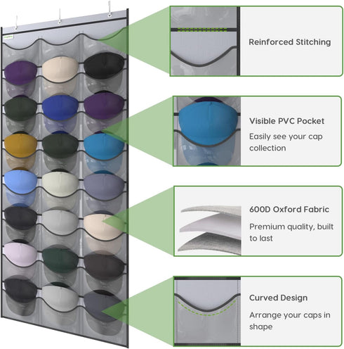 Unjumbly Baseball Hat Rack - 24 Pocket Over-The-Door Organizer with Clear Deep Pockets & 3 Hooks (Grey, 24 Pockets)