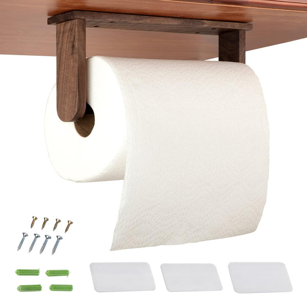 Wood-Paper-Towel-Holder-Under-Cabinet-Kitchen-Handmade - Wall Mounted/Adhesive No Drill Sturdy Roll Hanging Organizer, Horizontal Papertowel