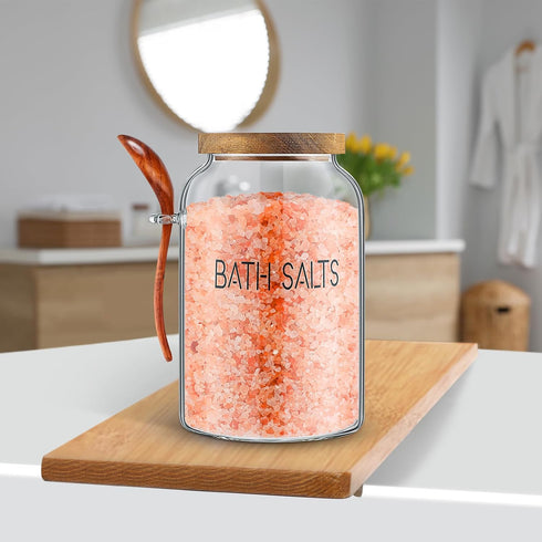 2 94 oz SiliFine Pcs Bath Salts Glass Jar with Wooden Lid, Bath Salt Container with Scoop, Airtight Storage Bathtub