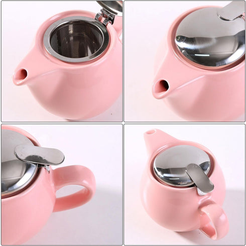 Small Ceramic Teapot with Stainless Steel Infuser - Heat Resistant Pink Tea Pot for Loose & Blooming Tea, 350ml