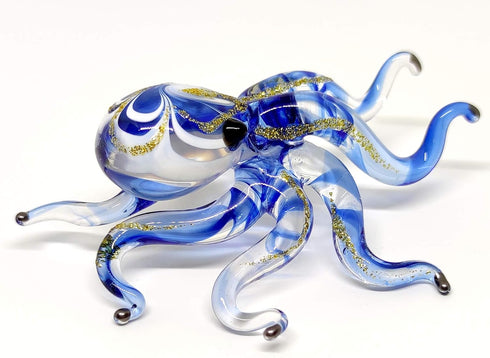 Octopus Miniature Figurines - Hand Blown Color Glass Art Collectible Gift Decor, 3.25" Blue Tone