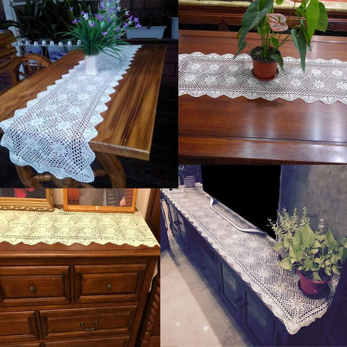 KEPSWET 14x36 inch White Cotton Crochet Lace Rectangular Table Runner - Handmade Table Decoration