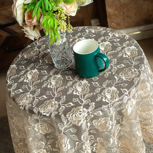 33 inch SUTAVIA Lace Rose Fabric Round Tablecloth Gold Floral Coffee Table Cover Classic Dustproof Table Protector