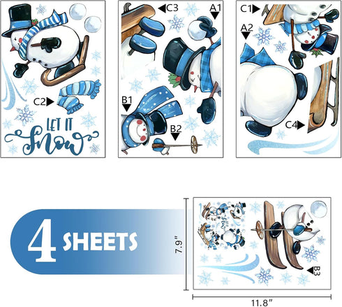 Mfault 139 PCS Winter Snowman Window Clings 4 Sheets, Let It Snow Winter Sports Wall Stickers Decal Decorations, Snowball Snowflakes 2024 New Year Christmas Living Room Home Kitchen Decor Holiday Gift