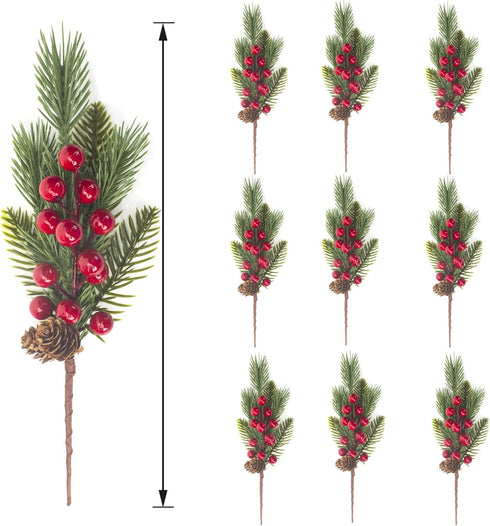 Grunyia 10 Pcs Artificial Pine Cone Picks and Red Berry Mini Artificial Pine Tree for Christmas Party Flower Wreaths