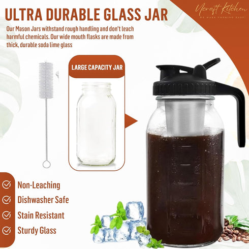 Glass Cold Brew Coffee Maker, 64 oz Mason Jar Iced Coffee Pitcher, Durable Glass, Stainless Steel Filter