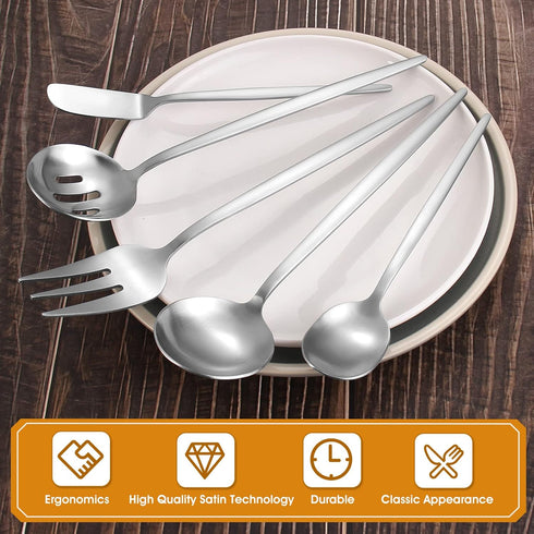 Matte Silverware Set, 5-Piece Round Stainless Steel Hostess Flatware Set, Satin Finish, Dishwasher Safe