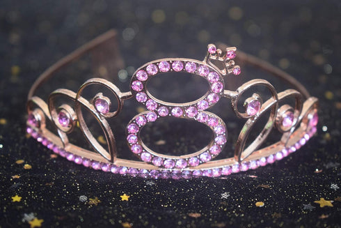 8th Pink Birthday Tiara and Sash, Happy 8th Birthday Party Supplies with Glitter Satin Sash and Crystal Crown