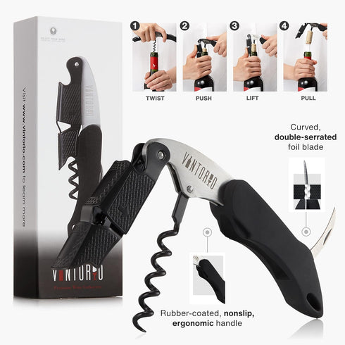 Vintorio Professional Waiters Corkscrew - Wine Key with Ergonomic Rubber Grip, Beer Bottle Opener, Foil Cutter (1 Pack)