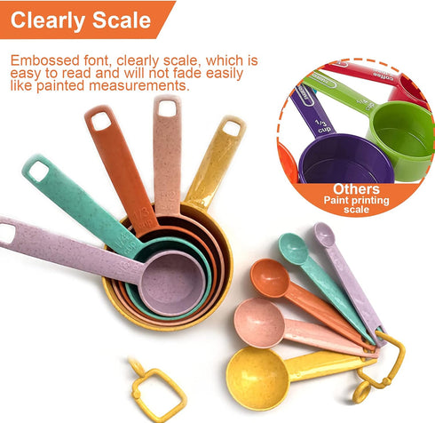 Plastic Measuring Cups and Spoons Set - 10 Pcs Colorful Kitchen Measuring Tools, Engraved Metric/US Markings, Stackable
