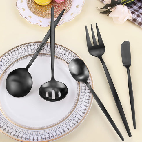 LAZAHOME 5-Piece Matte Black Serving Utensils Set, Stainless Steel Flatware for Dinner Parties, Dishwasher Safe