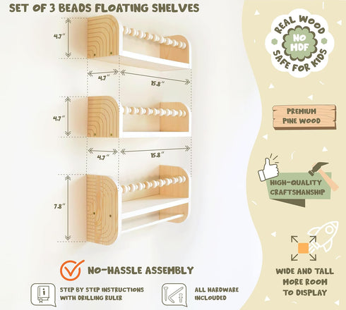 Set 3 CNK Nursery Floating Book Shelves for Wall Mounted of Book Shelf for Kids Room, Toddler Room, Baby Rooms Natural