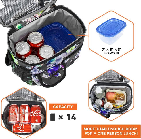 opux Leakproof Floral Grey Insulated Lunch Bag for Men Women, Portable Soft Lunch Cooler with Strap