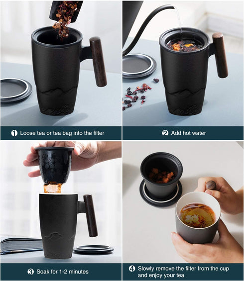 400ml/13.5oz suyika Tomotime Ceramic Tea Cup with Infuser and Lid Tea Mugs Wooden Handle Black