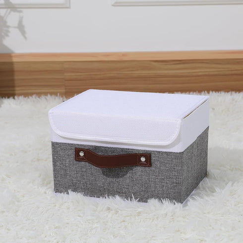 ANMINY Storage Boxes with Lids, Washable Decorative Bins with PU Leather Handle, Gray White, Small