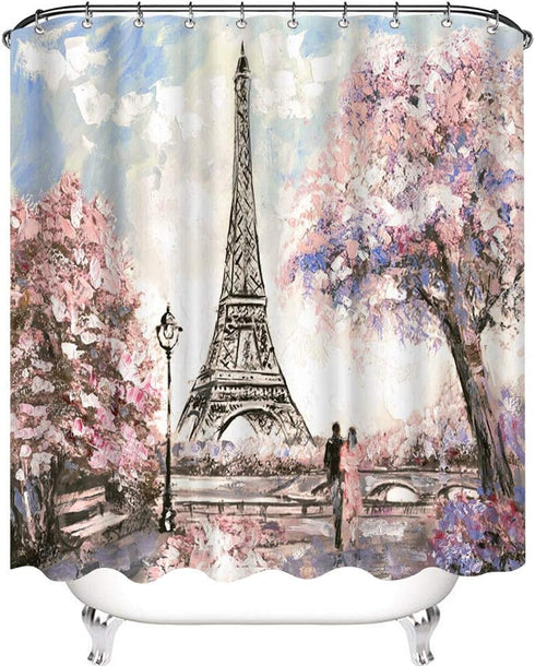 Paris Shower Curtain for Bathroom, Sakura Landscape Pink Romantic Waterproof Fabric 72x72 Inches with Hooks