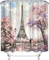 Paris Shower Curtain for Bathroom, Sakura Landscape Pink Romantic Waterproof Fabric 72x72 Inches with Hooks