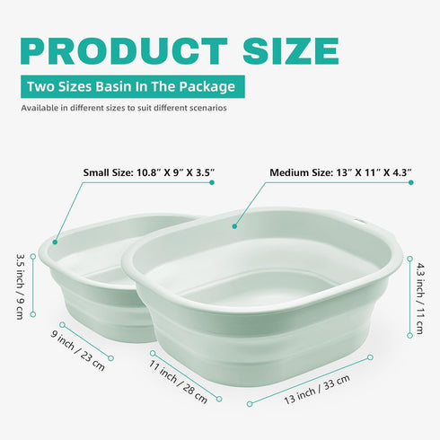 2 Pack Set, Collapsible Wash Basin Foldable Dish Tub, Small Medium Portable Sink for Kitchen, Camping, RV, Baby