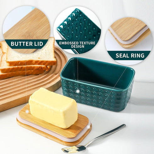 Hasense Large Ceramic Butter Dish with Lid, Green Airtight Butter Container for Countertop, Easy Clean Dishwasher Safe