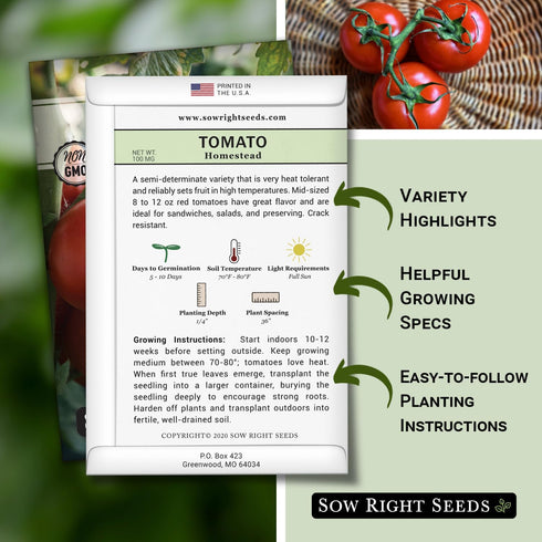 Packet Sized(1) Sow Right Seeds - Homestead Tomato Seeds for Planting - Non-GMO Heirloom with Instructions to Plant a