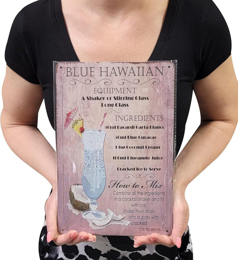 8" x 12" Popular Cocktails and Drink Mix Recipes Menu on Metal Tin Sign Wall Decor Plaque Poster (Blue Hawaiian)