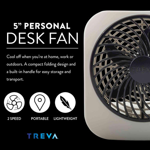O2COOL Treva 5 Inch Battery Powered Desk Fan, Portable with Compact Folding & Tilt Design, Grey