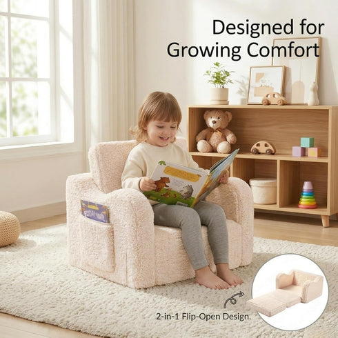 2-in-1 Cozy MOMCAYWEX Kids Sofa, Flip-Out Foam Couch with Soft Sherpa Cover, Play Lounge Chair, Cream
