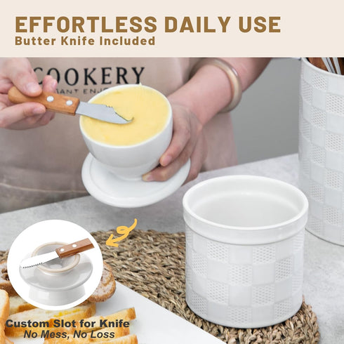 Countertop, Nucookery Ceramic Butter Crock with Lid Embossed French-Style Butter Keeper for Water-Seal Design Keeps