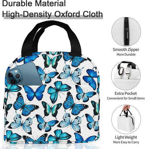 Insulated Lunch Bag Box for Women, Blue Butterfly Print Cooler Thermal Waterproof Tote Bag for Work & Picnic