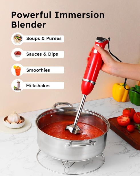 Sangcon Immersion Blender Handheld, 3-in-1 Electric Blender with Whisk & Milk Frother Attachments - Red