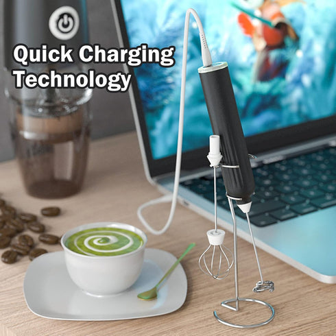 Milk Frother Handheld with 3 Stainless Steel Whisks, Rechargeable Electric Drink Mixer with Stand & Travel Case for