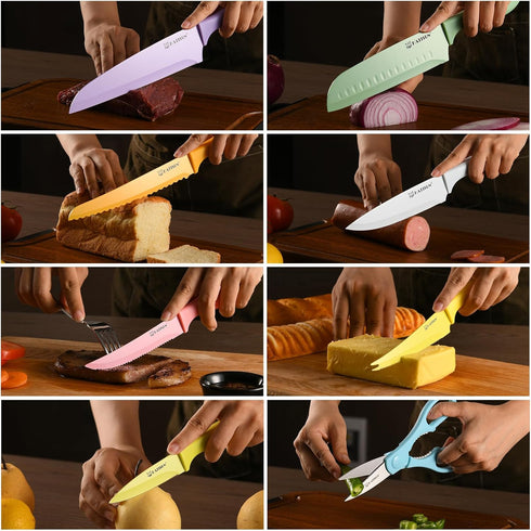 Knife Set with Kitchen Cutting Board, 30 Piece Colour Coding Stainless Steel Boxed Knives with Shears