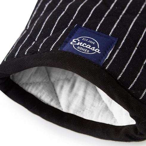 Encasa Homes Long Oven Mitts, 12" Heat Resistant Gloves (2 pc Set) for Kitchen Cooking & Baking - Butcher Stripes Black