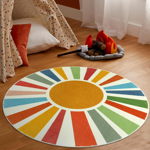 4 STARUIA Small Round Rug Ft Washable Round Rug for Kids Room, Colorful Sun Circle Rug for Playroom, Non-Slip Circular