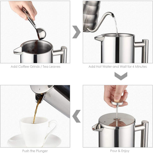 Small French Press Coffee Maker, 12OZ/350ML Stainless Steel Insulated Coffee Press with 2 Filters, 0.35 Liter (Silver)