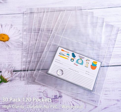 30 Pack 120 Pockets 4x6 Recipe Card Sleeves,3 Ring Binder Recipe Card Protector Pages,Double Sided 2 Pocket Refill Sheets for Recipe Book, 8.5x11 Inch Top Loading Clear Sleeve Sheets by Zofly