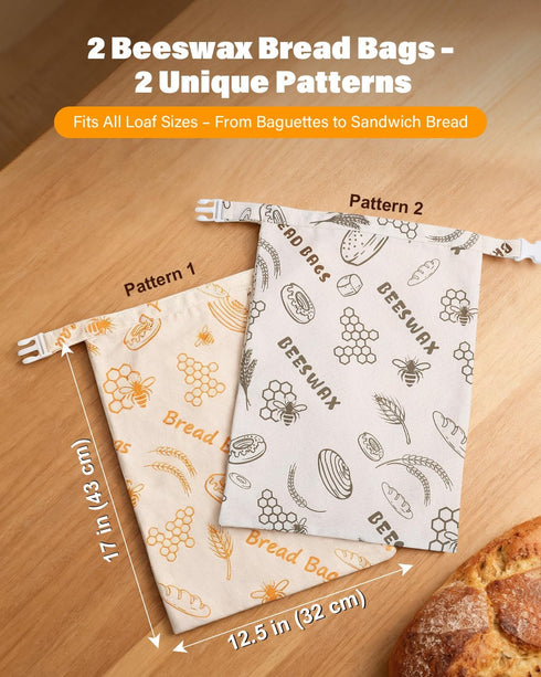 2 Pack 17x13 Inch Reusable Bread Bags for Sourdough - Beeswax Cotton Bread Bags for Homemade Bread, Thicker Cloth