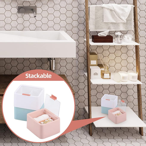 Tecbeauty Qtips Storage Organizer, 2-Grid Dispenser with Hinged Lids for Swabs, Balls, Pads, Pink