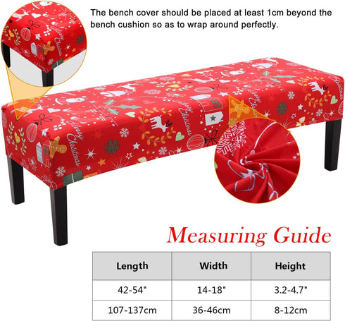 YISUN Christmas Dining Bench Covers, Stretch Printed Christmas Bench Covers, Anti-Dust Removable Bench Slipcover