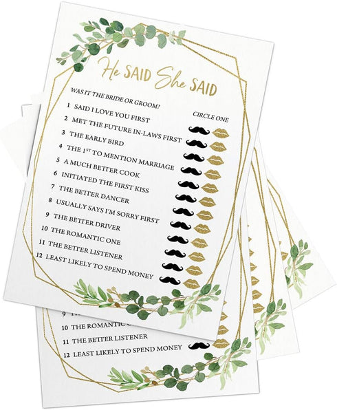 Printed Party Bridal Shower Games – He Said She Said Game with Bride and Groom Trivia, Botanical Greenery Theme