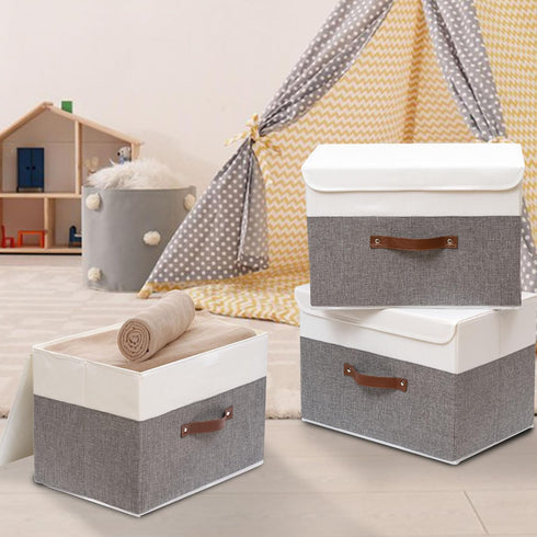 OUTBROS Foldable Storage Boxes with Lids, Large Linen Fabric Organizer for Clothes, Office Storage (13 x 9.1 x 7.9 inch)