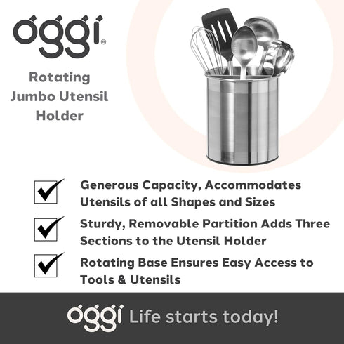 Oggi Jumbo Stainless Steel Rotating Utensil Holder with Removable Divider, Stylish Kitchen Organizer, Height 7.5"