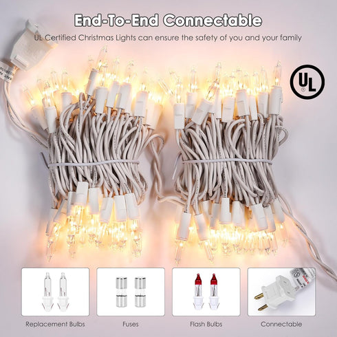2Pack 100 Count LEH-100L/2F(0.34A) Meteds Christmas Lights Clear Mini Lights White Wire ULCertified Connectable